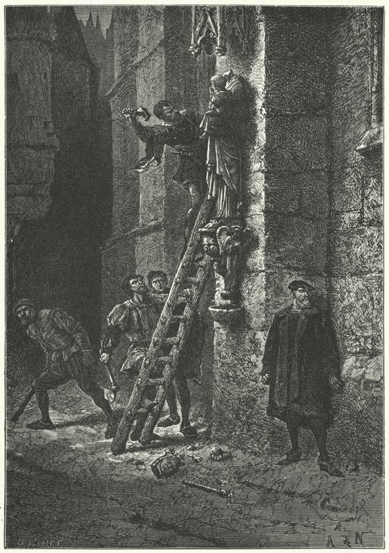Protestants destroying a statue of the Virgin and Child on Notre Dame, Paris by Alphonse Marie de (after) Neuville
