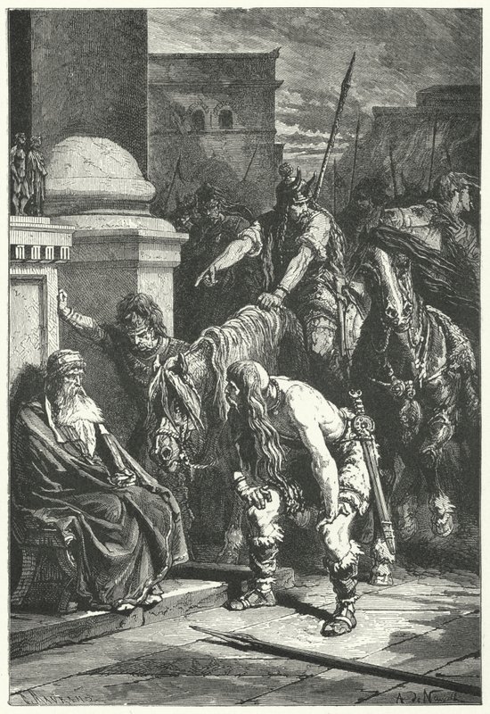 The Death of Roman Consul Marcus Papirius in the Gallic Sack of Rome, 387 BC (engraving) by Alphonse Marie de (after) Neuville