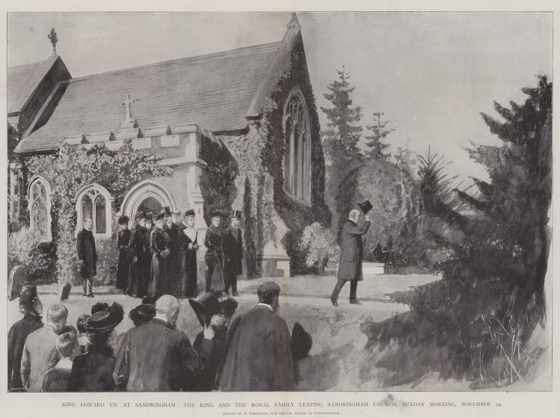 King Edward VII at Sandringham, the King and the Royal Family Leaving Sandringham Church, Sunday Morning, 24 November by Amedee Forestier