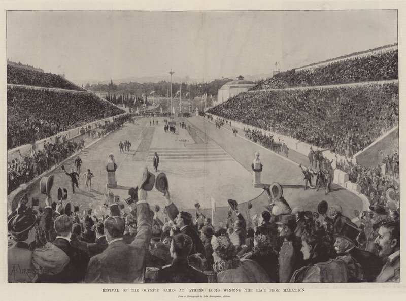 Revival of the Olympic Games at Athens, Loues winning the Race from Marathon by Amedee Forestier
