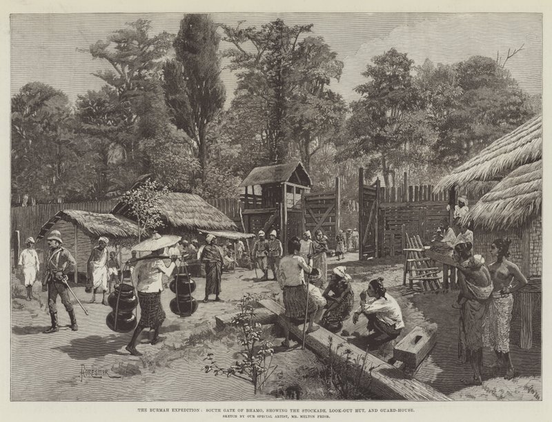 The Burmah Expedition, South Gate of Bhamo, Showing the Stockade, Look-out Hut, and Guard-House by Amedee Forestier