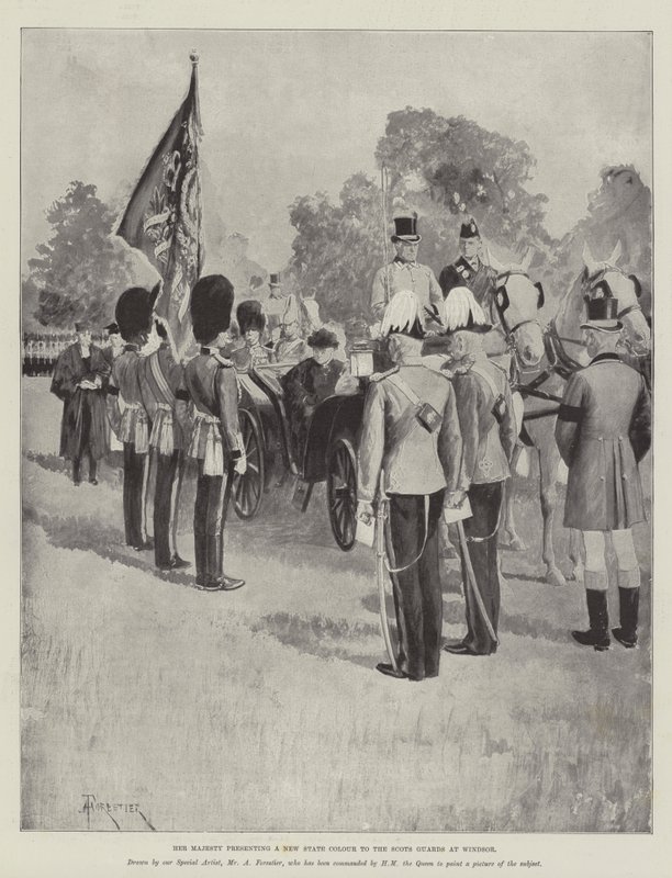 Her Majesty presenting a New State Colour to the Scots Guards at Windsor by Amedee Forestier