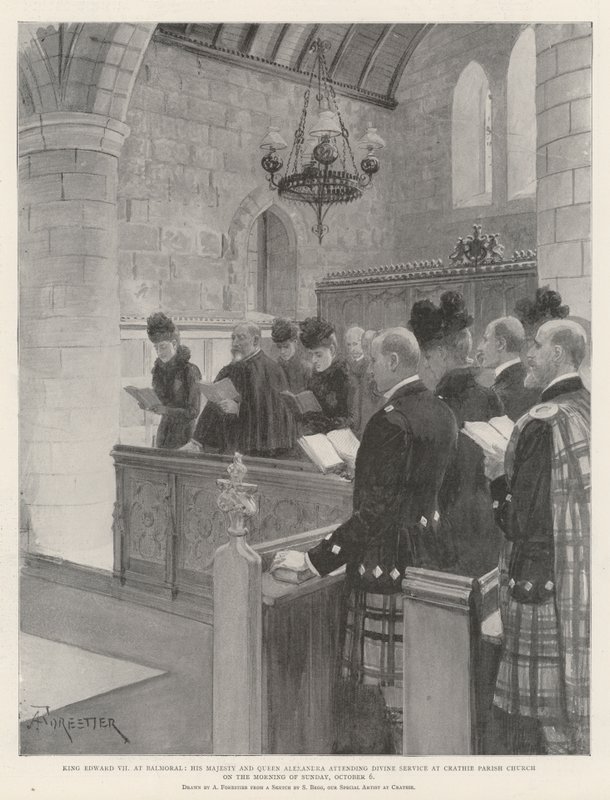 King Edward VII at Balmoral, His Majesty and Queen Alexandra attending Divine Service at Crathie Parish Church on the Morning of Sunday, 6 October by Amedee Forestier