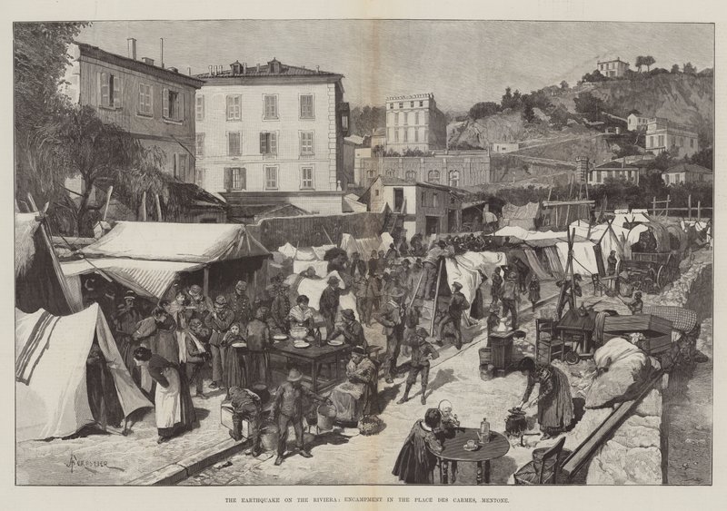 The Earthquake on the Riviera, Encampment in the Place des Carmes, Mentone by Amedee Forestier