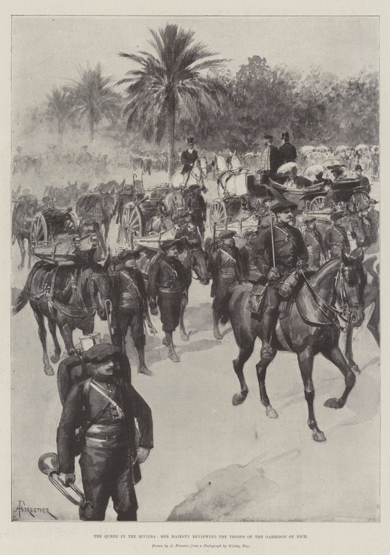 The Queen in the Riviera, Her Majesty reviewing the Troops of the Garrison of Nice by Amedee Forestier