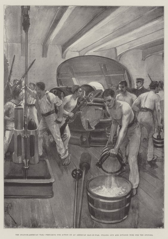 The Spanish-American War, preparing for Action on an American Man-of-War, filling Gun and Division Tubs for the Sponges by Amedee Forestier