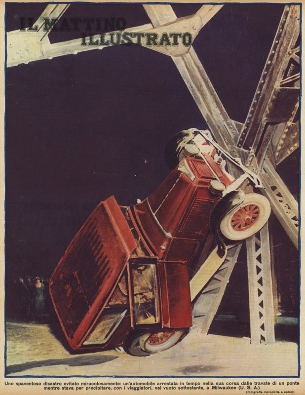 A miraculous escape: a car overturning and stopping just in time to avoid plunging off a bridge in Milwaukee, Wisconsin, USA by American Photographer (after)