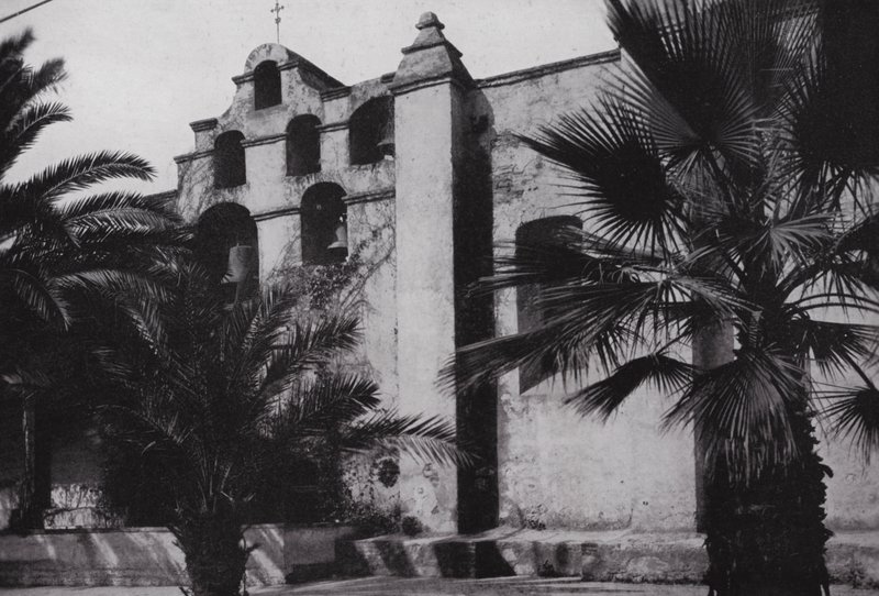 California: Bells of Mission San Gabriel, founded 1771, on the slopes of poppy-clad foothills near Pasadena by American Photographer (after)