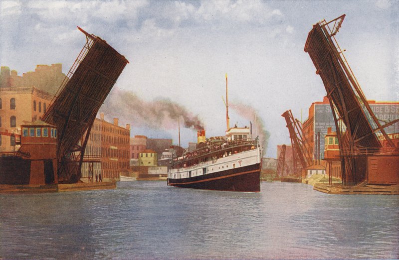 Chicago: State Street Bascule Bridge Lifted for Excursion Steamer by American Photographer