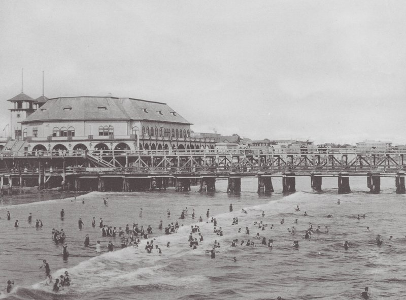 Long Beach, California: Municipal Auditorium and Bathing Scene by American Photographer