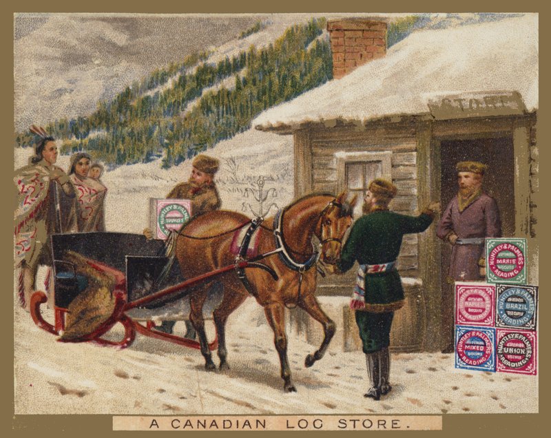 A Canadian Log Store, Huntley and Palmer Advert by American School