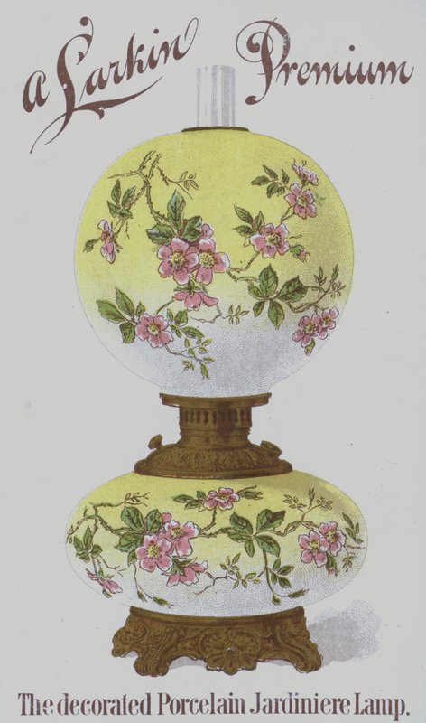 Advertisement for Larkin Premium Decorated Porcelain Jardiniere Lamps by American School