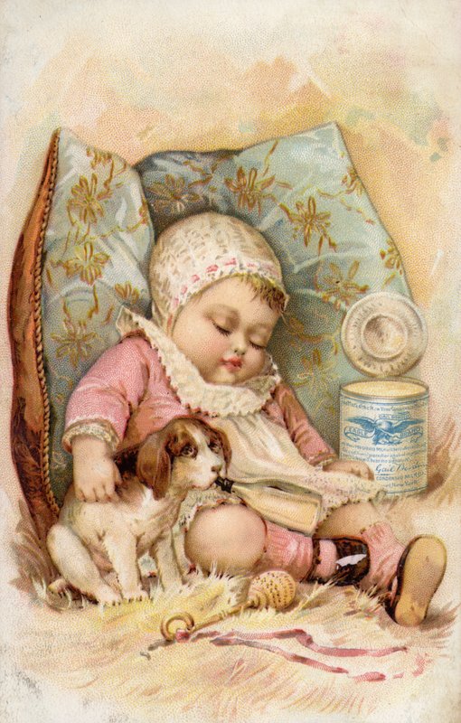 Baby with Puppy Drinking from Bottle, Advertisement for Preserved Milk by American School