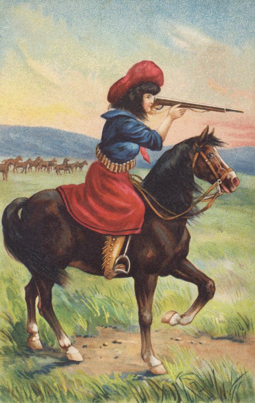 Cowgirl on horseback aiming a rifle by American School