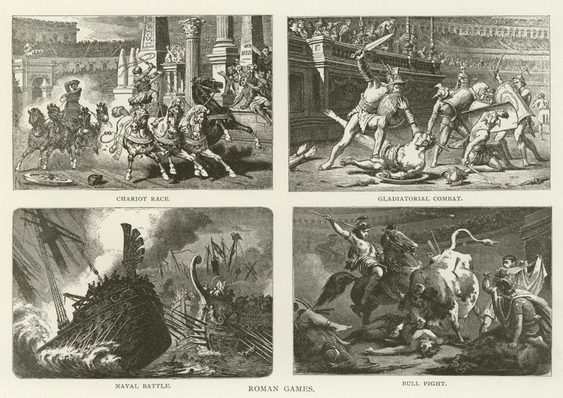 Roman Games: Chariot Race, Gladiatorial Combat, Naval Battle, Bull Fight by American School