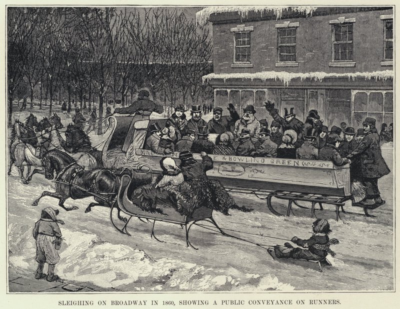 Sleighing on Broadway in 1860, showing a Public Conveyance on Runners by American School
