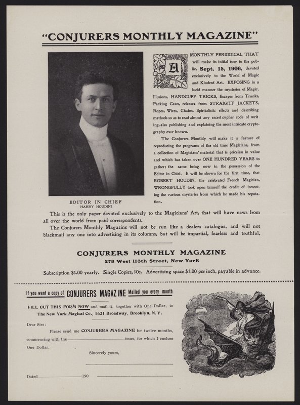 Subscription form for Conjurers Monthly Magazine, Editor In Chief Harry Houdini by American School