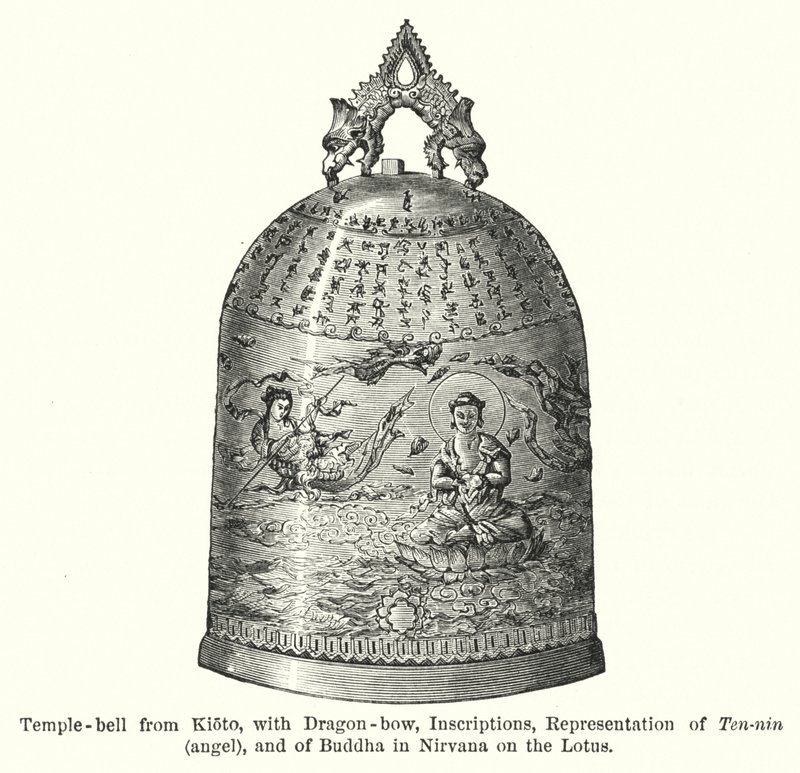 Temple-bell from Kioto, with Dragon-bow, Inscriptions, Representation of Ten-nin, angel, and of Buddha in Nirvana on the Lotus by American School