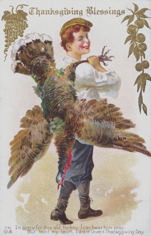 Thanksgiving Greetings Card Depicting a Man with a Turkey by American School