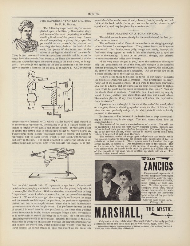 The Experiment of Levitation, F. D. Hewes, Advertisements by American School