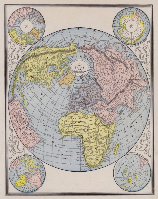 World map showing the continents, polar regions and changes in sea levels by American School