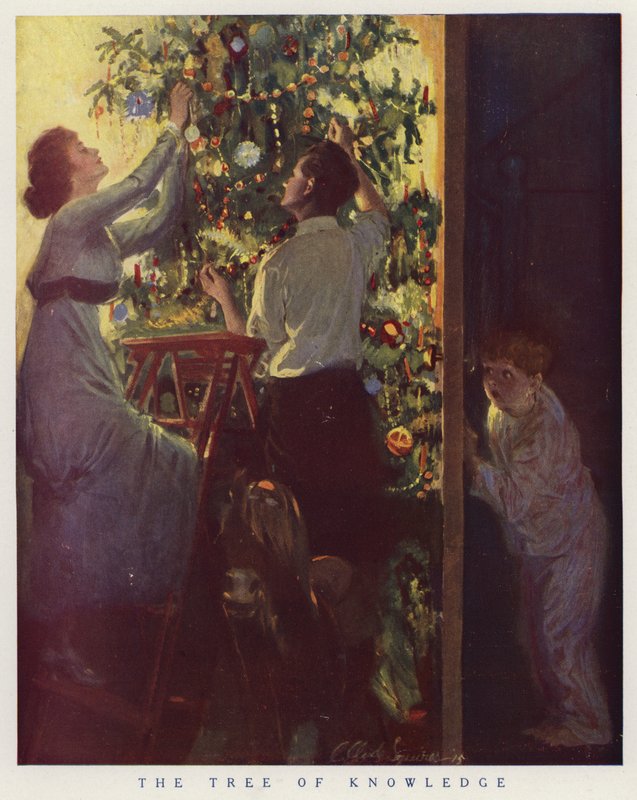 Young Boy Hiding Behind the Door as His Family Decorates the Christmas Tree by American School