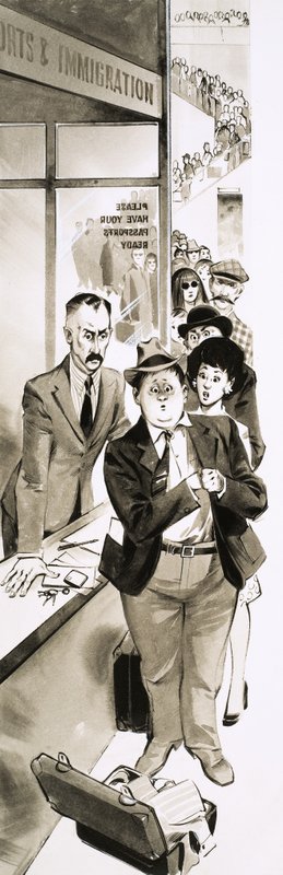 A holidaymaker passing through customs by Angus McBride