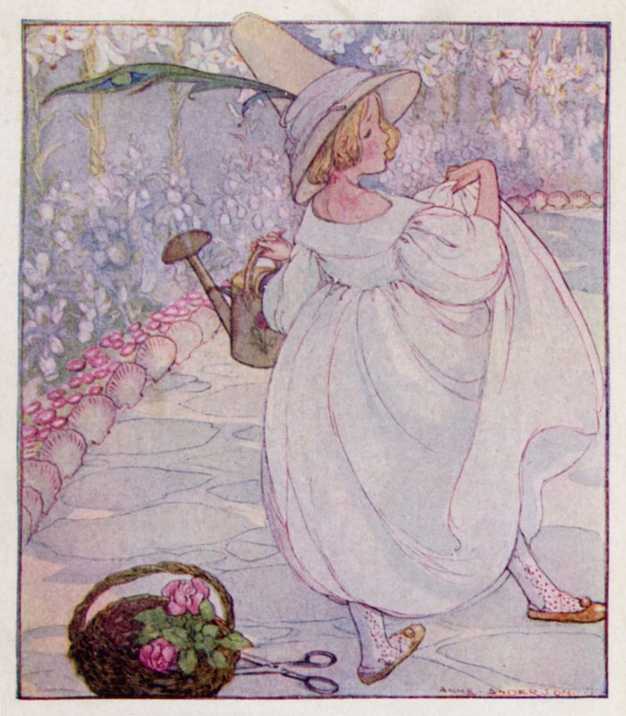 Nursery rhyme: Mary, Mary, quite contrary, How does your garden grow? With silver bells and cockle shells, And pretty maids all of a row by Anne (after) Anderson