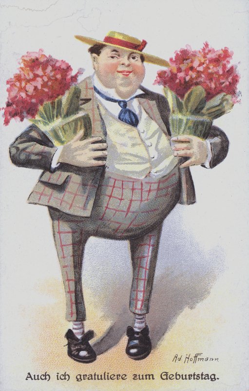 Birthday greetings card depicting a man carrying bunches of flowers by Anton Hoffmann