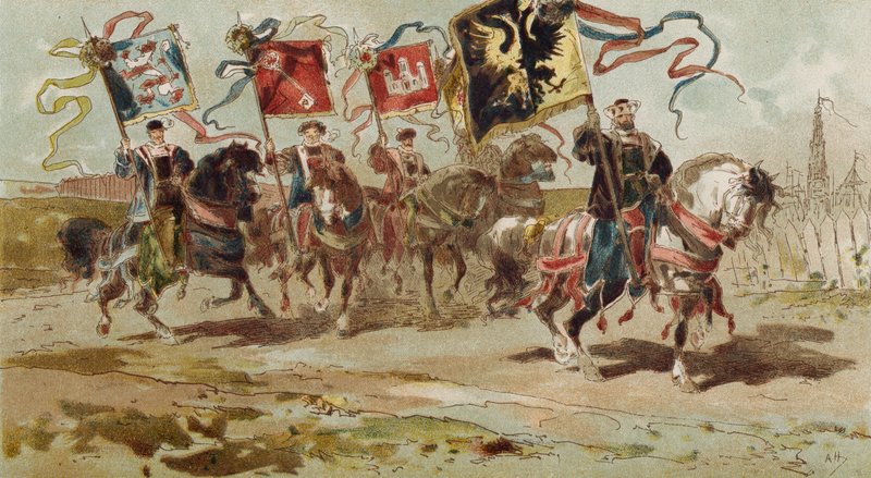 Horsemen Carrying Banners of the Hanseatic League and Some of Its Member Cities, Spanish Netherlands by Armand Jean Heins