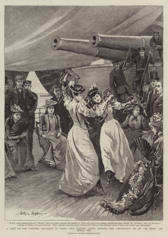 A Visit of the Channel Squadron to Cadiz, Two Spanish Ladies dancing the Sevillana at an At Home on Board Ship by Arthur Hopkins