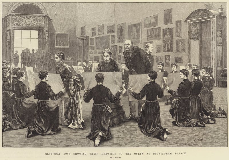Blue-Coat Boys Showing Their Drawings to the Queen at Buckingham Palace by Arthur Hopkins