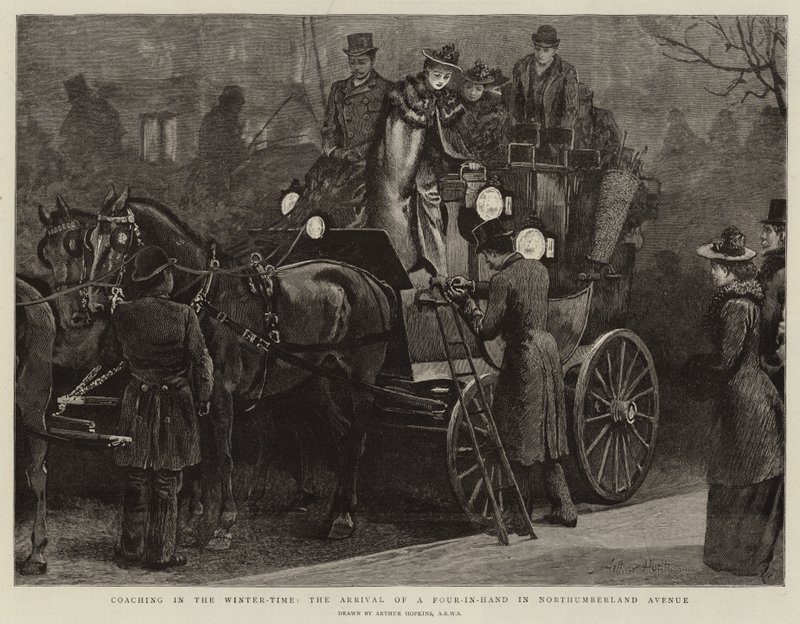 Coaching in the Winter-Time, the Arrival of a Four-in-Hand in Northumberland Avenue by Arthur Hopkins