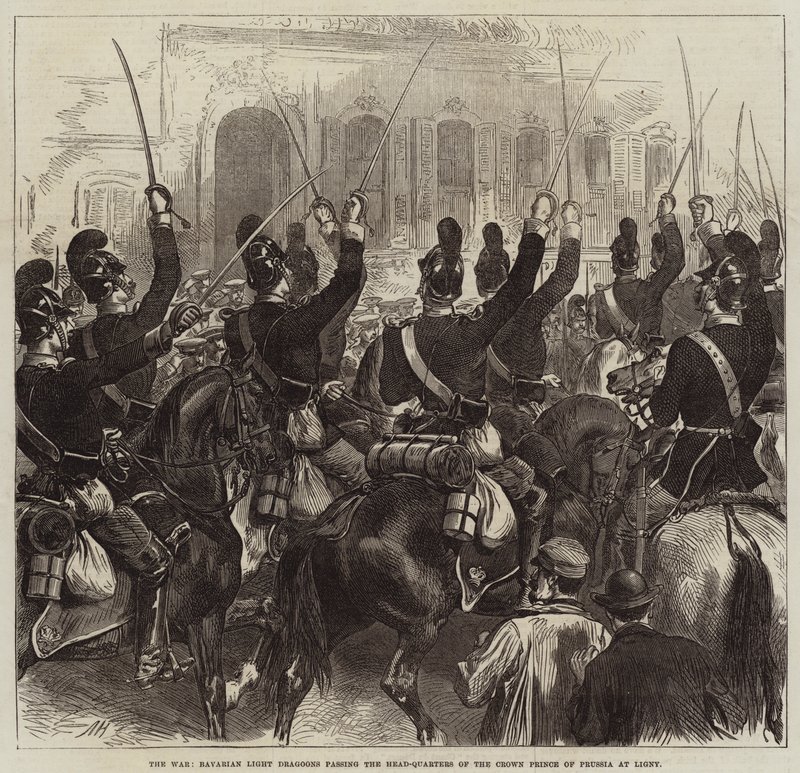 The War, Bavarian Light Dragoons passing the Head-Quarters of the Crown Prince of Prussia at Ligny by Arthur Hopkins