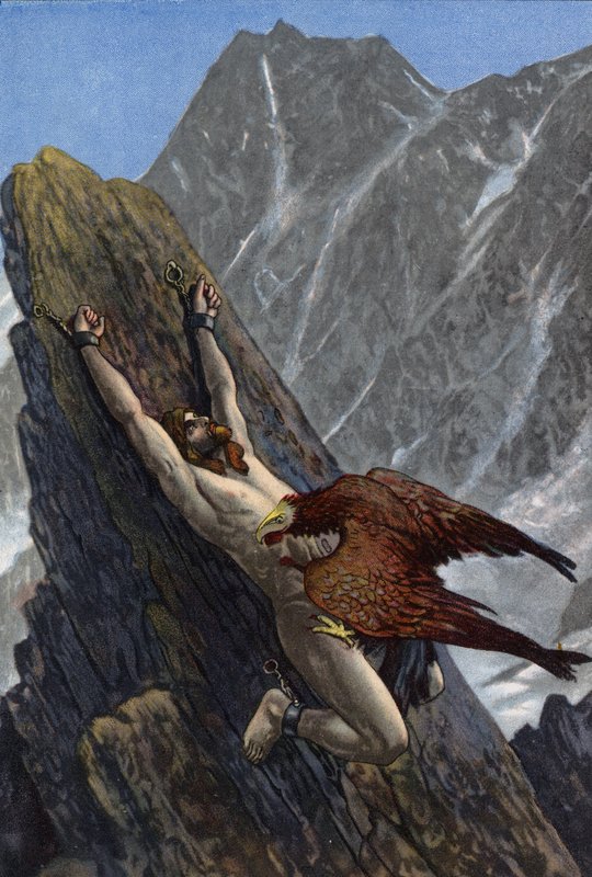 Eagle devouring the liver of Prometheus, chained to a rock by Zeus in punishment for stealing fire from the gods and giving it to humanity by Artus Scheiner