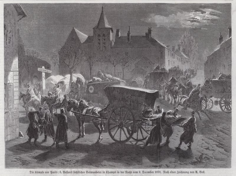 Arrival of Saxon soldiers wounded in the battles outside Paris, Franco-Prussian War, 2 December 1870 by Augustus J. Beck