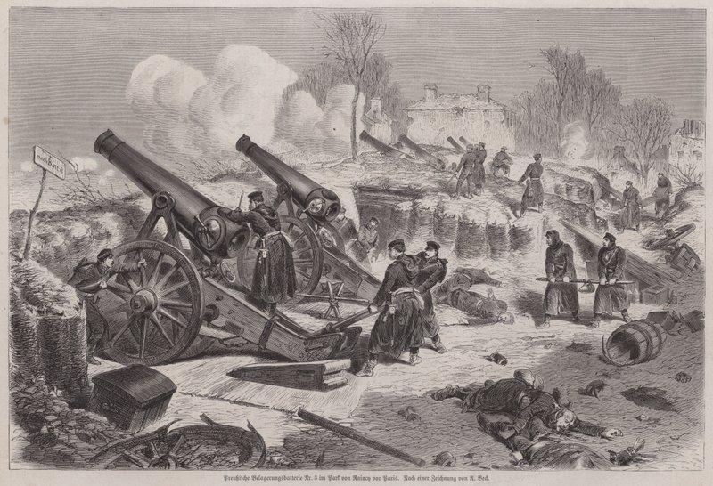 Prussian siege battery in the park of Le Raincy during the Siege of Paris, Franco-Prussian War by Augustus J. Beck