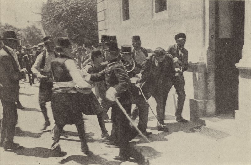 The arrest of Gavrilo Princip after he assassinated Archduke Franz Ferdinand of Austria in Sarajevo by Austrian Photographer