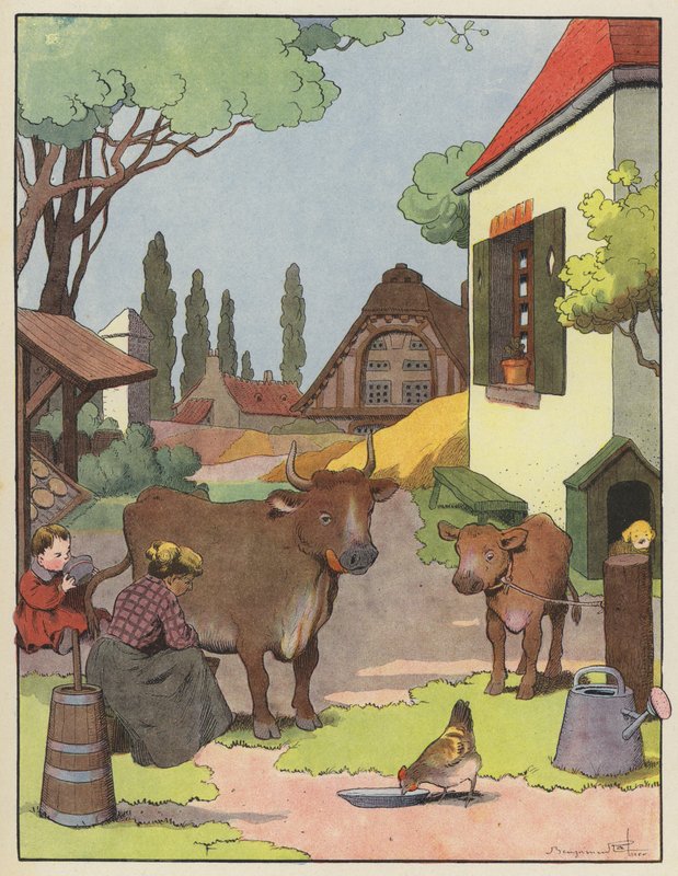 Woman Milking a Cow in a Farmyard by Benjamin Rabier