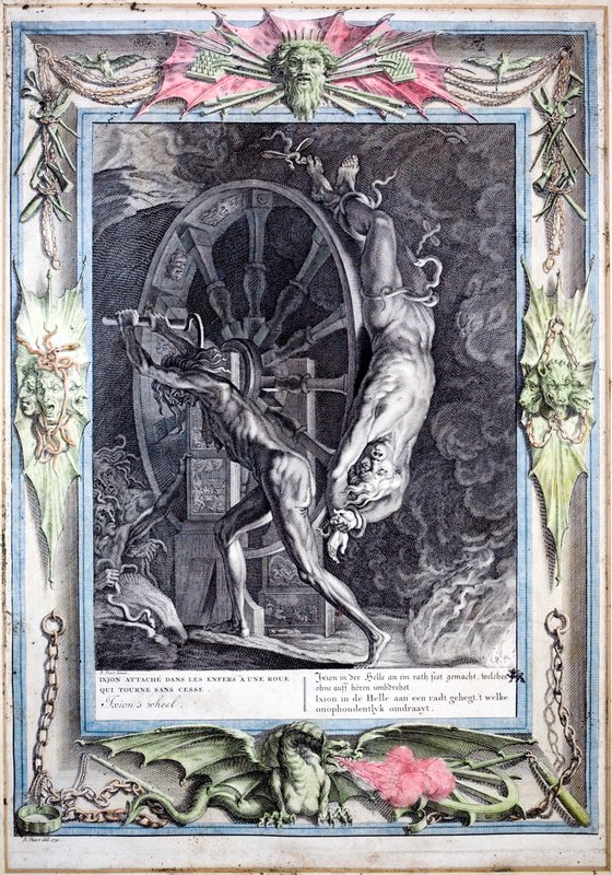 Ixion bound to the eternally turning fiery wheel by Bernard (after) Picart