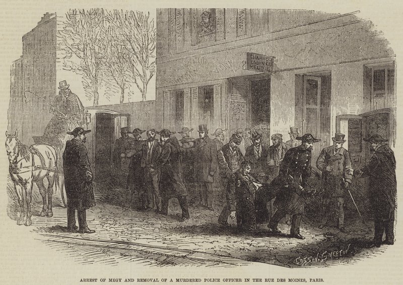 Arrest of Megy and Removal of a Murdered Police Officer in the Rue des Moines, Paris by Burn Smeeton