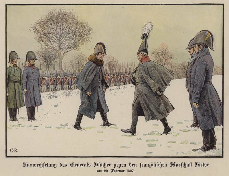 Exchange of Captured Prussian and French Field Marshals Gebhard Blucher and Claude Victor-Perrin, 20 February 1807 by Carl Röchling