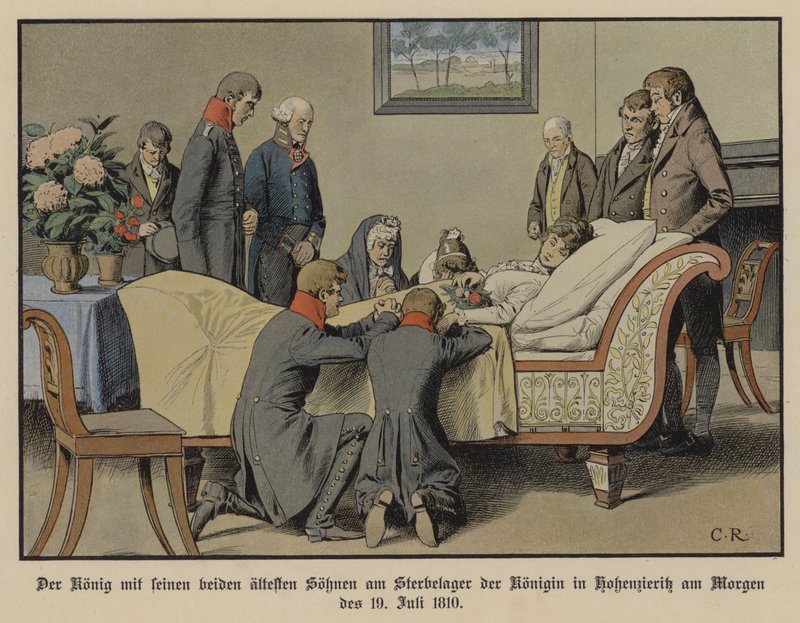 King Frederick William III of Prussia and his two eldest sons beside the deathbed of Queen Louise on the morning of 19 July 1810 by Carl Röchling