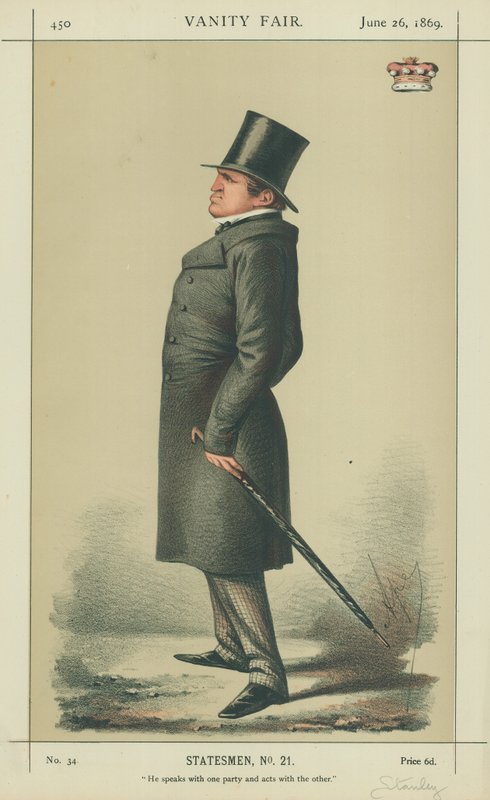 Lord Stanley, He speaks with one party and acts with the other, 26 June 1869, Vanity Fair cartoon by Carlo Pellegrini