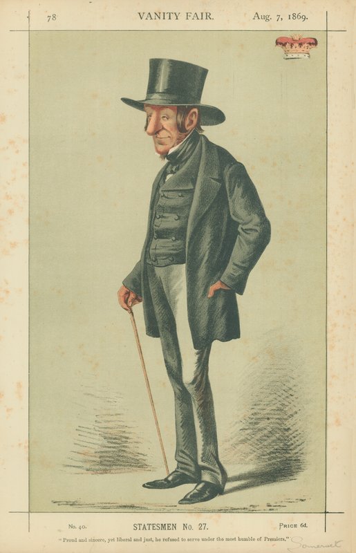 The Duke of Somerset, Proud and sincere yet liberal and just he refused to serve under this most humble of Premiers, 7 August 1869, Vanity Fair cartoon by Carlo Pellegrini