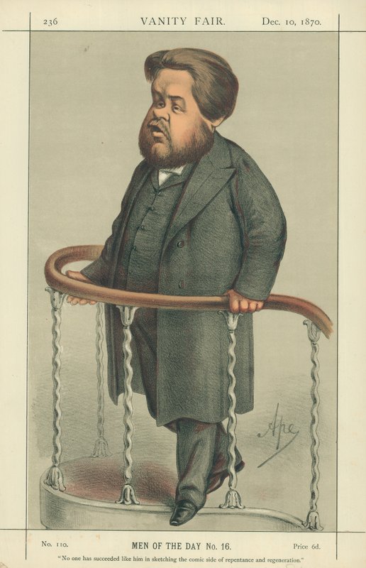 The Rev Charles Spurgeon, Noone has succeeded like him in sketching the comic side of repentance and regeneration, 17 July 1880, Vanity Fair cartoon by Carlo Pellegrini
