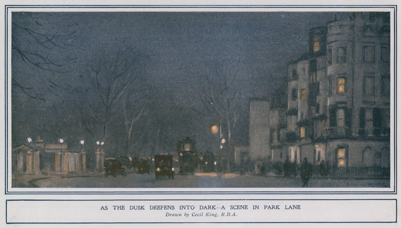 As the dusk deepens into dark - a scene in Park Lane by Cecil King