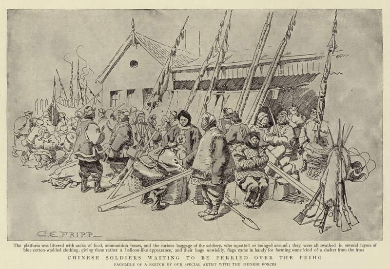 Chinese Soldiers waiting to be ferried over the Peiho by Charles Edwin Fripp