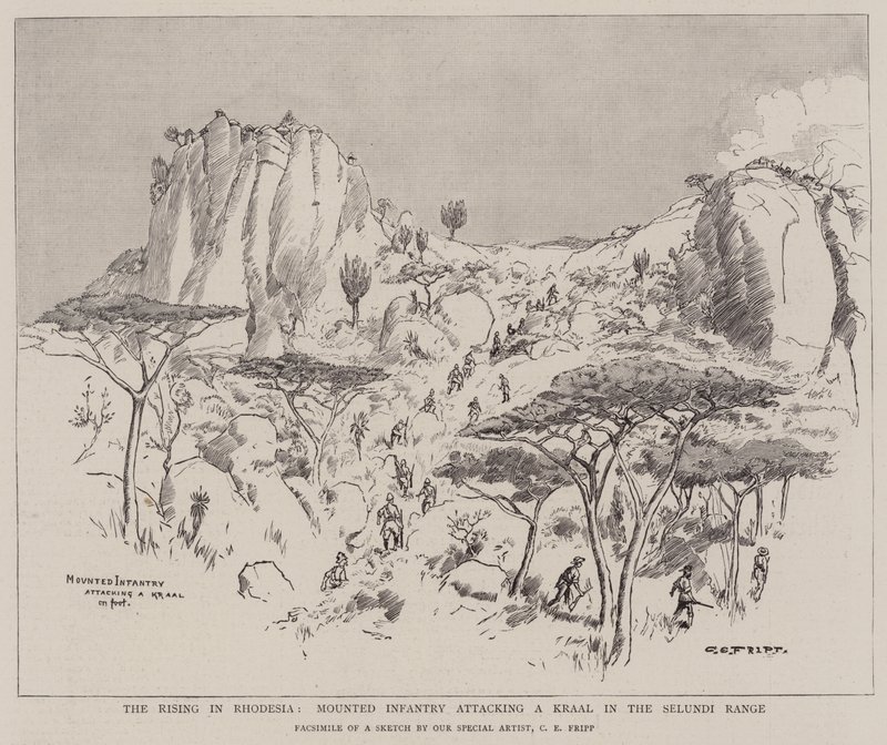 The Rising in Rhodesia, Mounted Infantry Attacking a Kraal in the Selundi Range by Charles Edwin Fripp