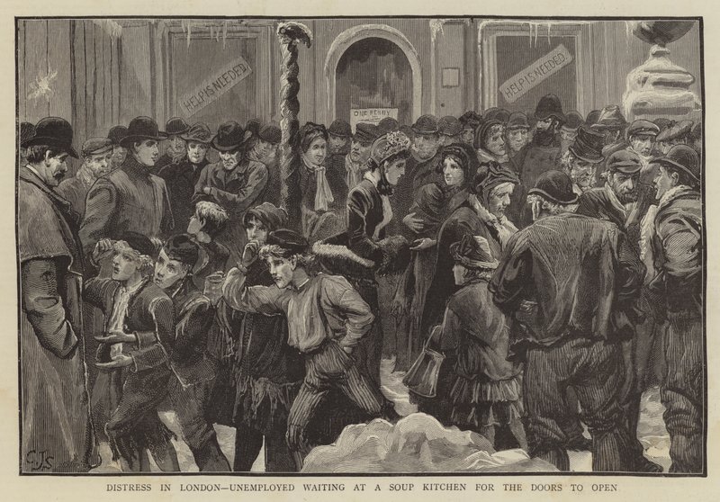 Distress in London, Unemployed Waiting at a Soup Kitchen for the Doors to Open by Charles J. Staniland